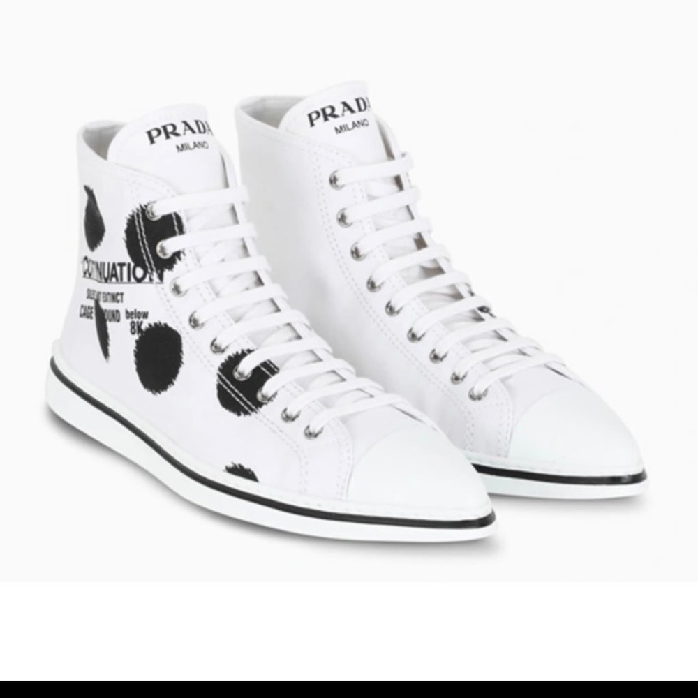 Prada pointy toe polka dots canvas high top sneakers